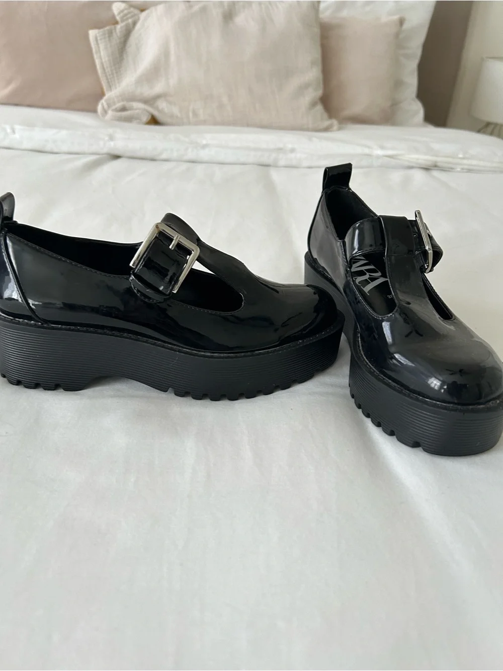 Zara Black Patent Platform Mary Jane Shoes with Buckle